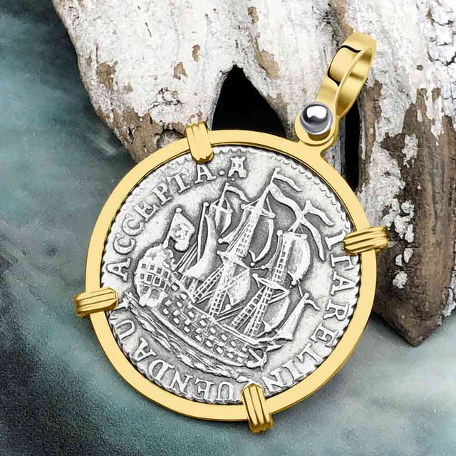 Dutch East India Company 1791 Silver 6 Stuiver Ship Shilling "I Struggle and Survive" 14K Gold Pendant