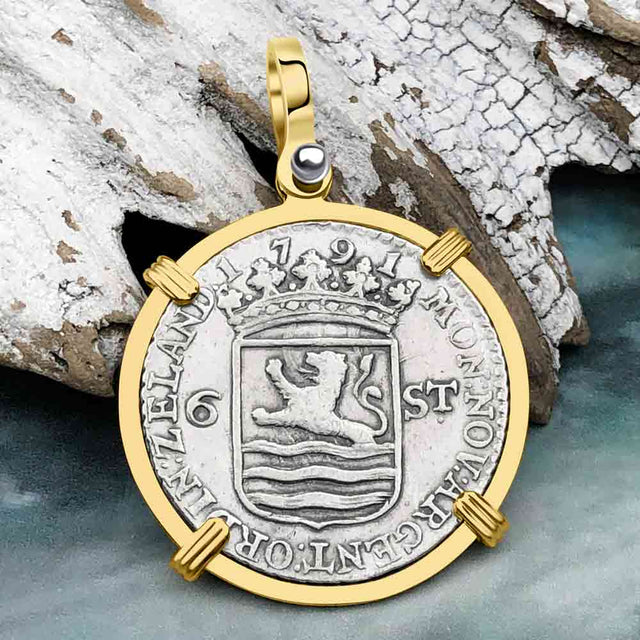 Dutch East India Company 1791 Silver 6 Stuiver Ship Shilling "I Struggle and Survive" 14K Gold Pendant