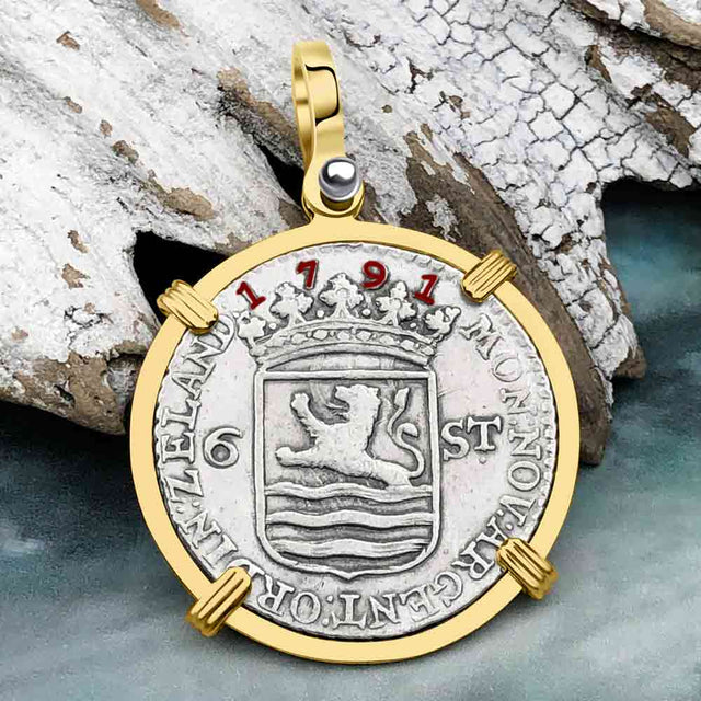 Dutch East India Company 1791 Silver 6 Stuiver Ship Shilling "I Struggle and Survive" 14K Gold Pendant