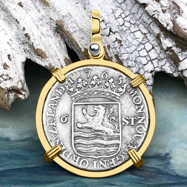 Dutch East India Company 1765 Silver 6 Stuiver Ship Shilling "I Struggle and Survive" 14K Gold Pendant