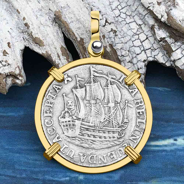 Dutch East India Company 1766 Silver 6 Stuiver Ship Shilling "I Struggle and Survive" 14K Gold Pendant