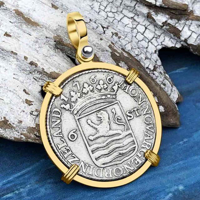 Dutch East India Company 1766 Silver 6 Stuiver Ship Shilling "I Struggle and Survive" 14K Gold Pendant
