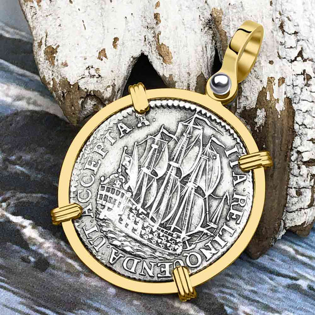 Dutch East India Company 1765 Silver 6 Stuiver Ship Shilling "I Struggle and Survive" 14K Gold Pendant