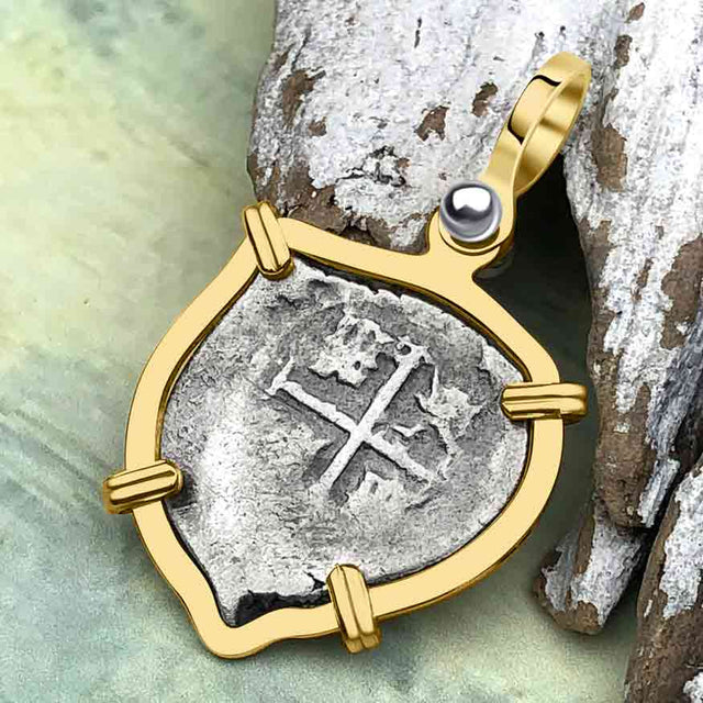 Heart Shaped 1680s Rimac River "Good Luck" Spanish 1/2 Reale "Piece of Eight" 14K Gold Pendant