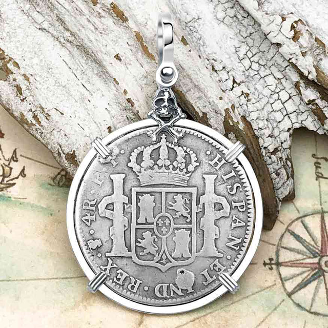 1802 Pirate Era Skull and Cross Bones Silver 4 Reale Spanish Portrait Piece of 8 Sterling Silver Pendant