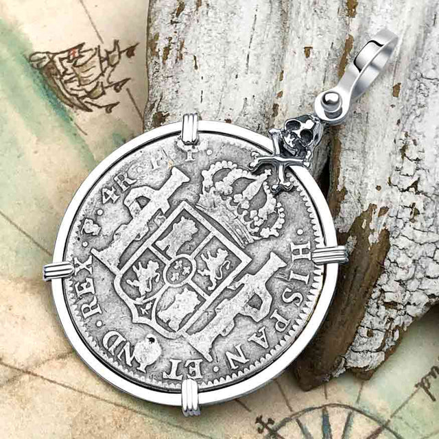1802 Pirate Era Skull and Cross Bones Silver 4 Reale Spanish Portrait Piece of 8 Sterling Silver Pendant