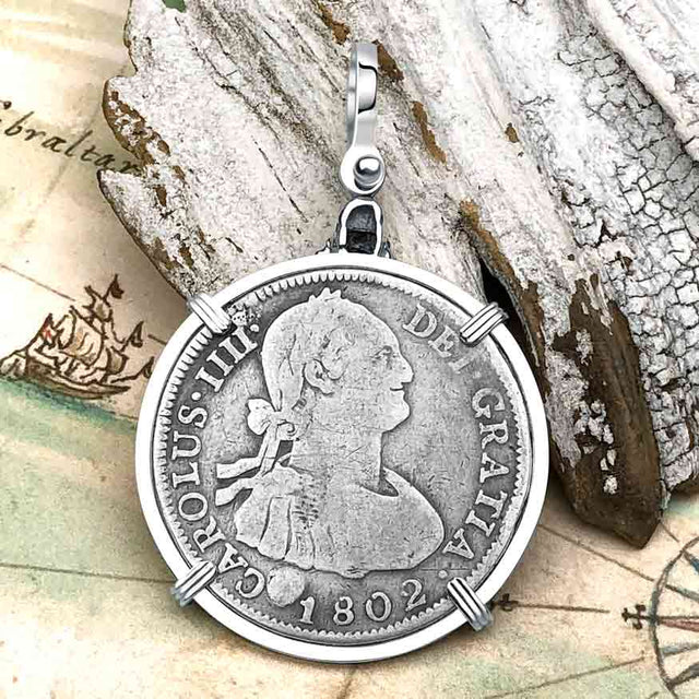 1802 Pirate Era Skull and Cross Bones Silver 4 Reale Spanish Portrait Piece of 8 Sterling Silver Pendant