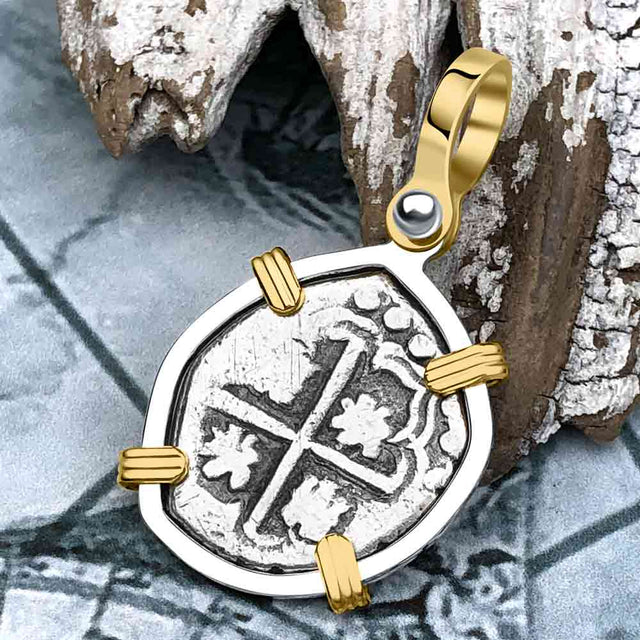 Atocha Era Land Find Spanish 1 Reale Piece of Eight 14K Gold and Sterling Silver Pendant