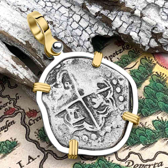 Atocha Era Land Find Spanish 2 Reale Piece of Eight 14K Gold and Sterling Silver Pendant