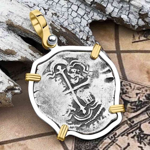 Atocha Era Land Find Spanish 1 Reale Cob Piece of 8 14K Gold and Sterling Silver Pendant