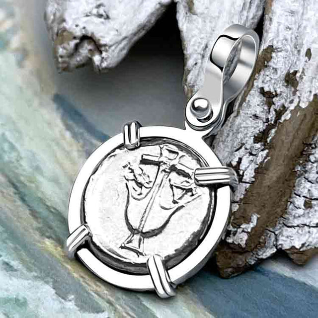 Ancient Greek Anchor and Gorgon Silver Drachm 400 BC Sterling 14K White Gold Pendant