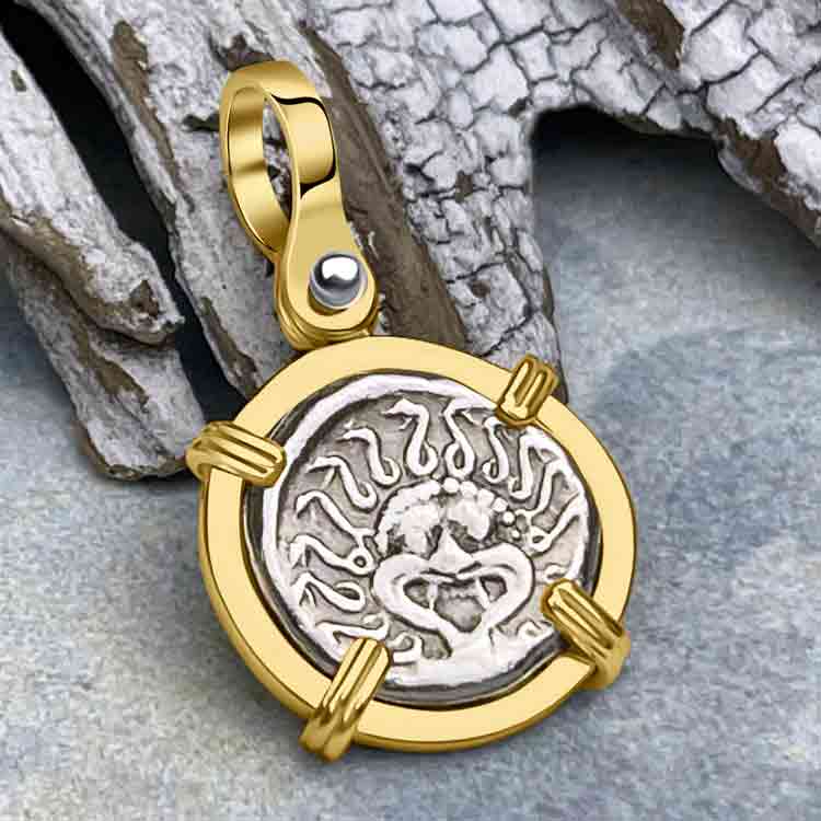 Ancient Greek Gorgon & Anchor Symbol of Protection Silver Drachm 400 BC 14K Gold Pendant