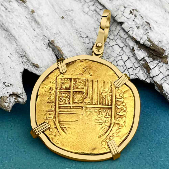 RARE DATED Pirate Era 22K Gold Four Escudo - the Legendary Doubloon - 18K Gold Pendant