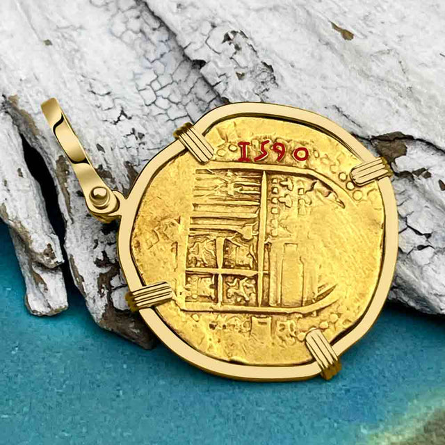 RARE DATED Pirate Era 22K Gold Four Escudo - the Legendary Doubloon - 18K Gold Pendant