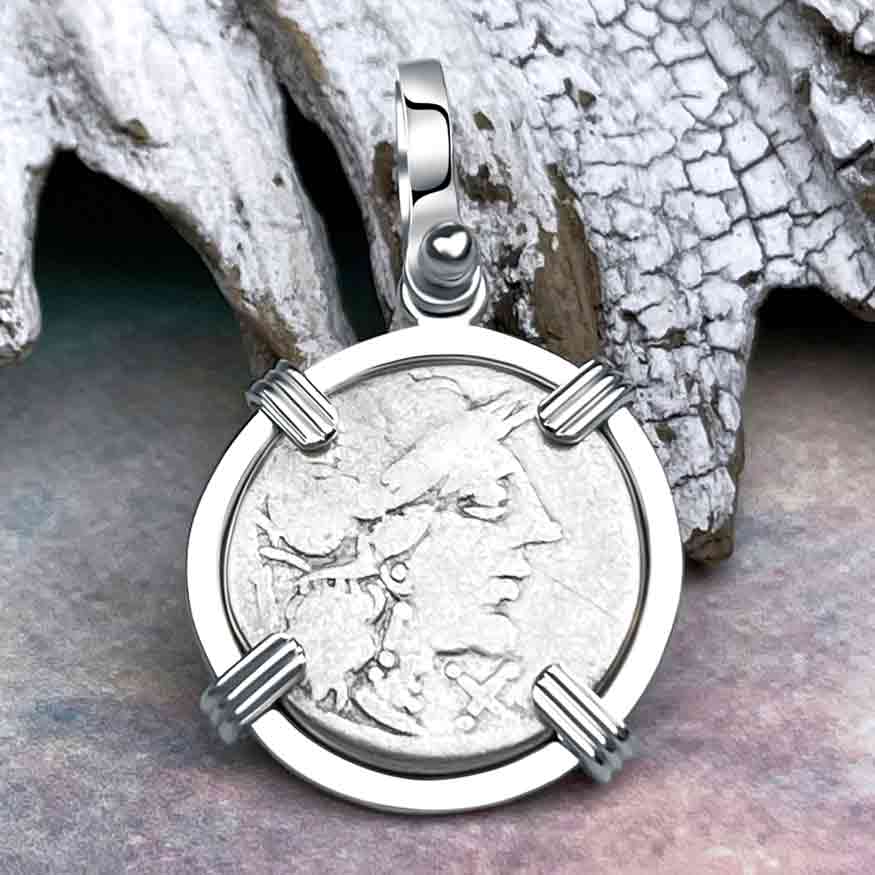 Roman Republic Roma & Jupiter Silver Denarius 121 BC Sterling Silver Pendant