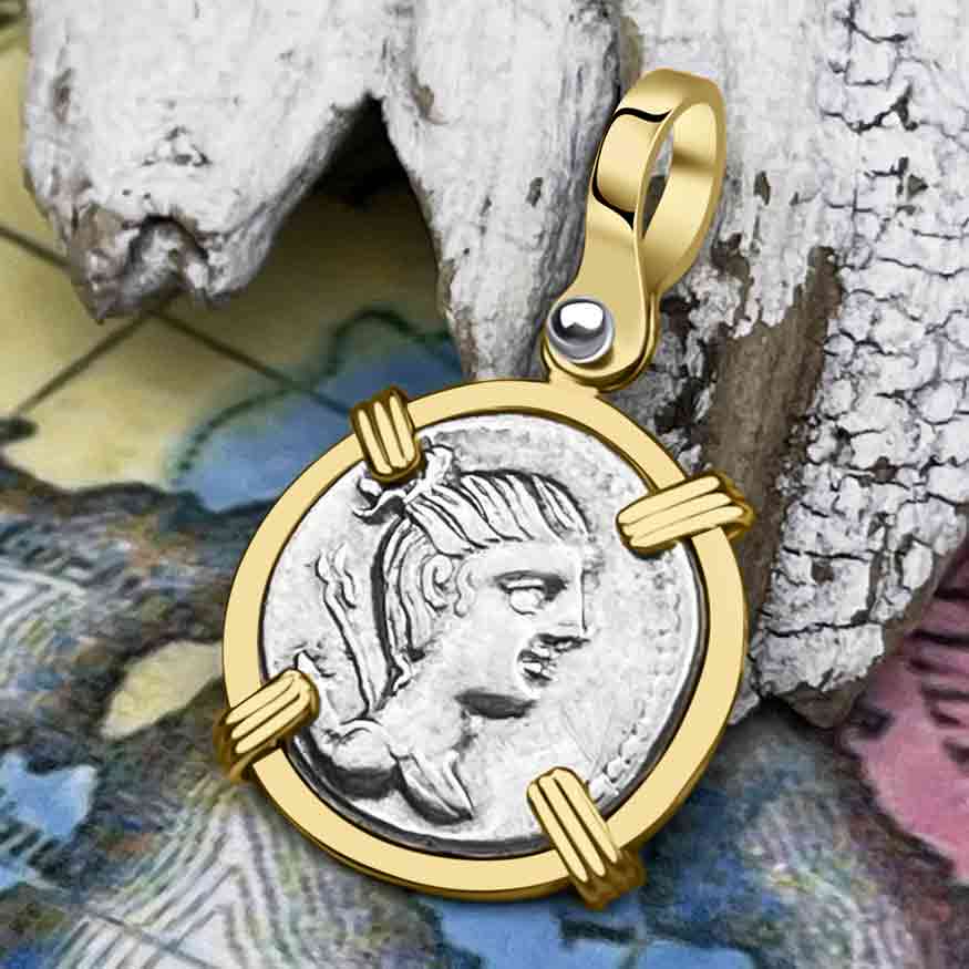Roman Republic Silver Denarius 74 BC Diana & the Hound 14K Gold Pendant