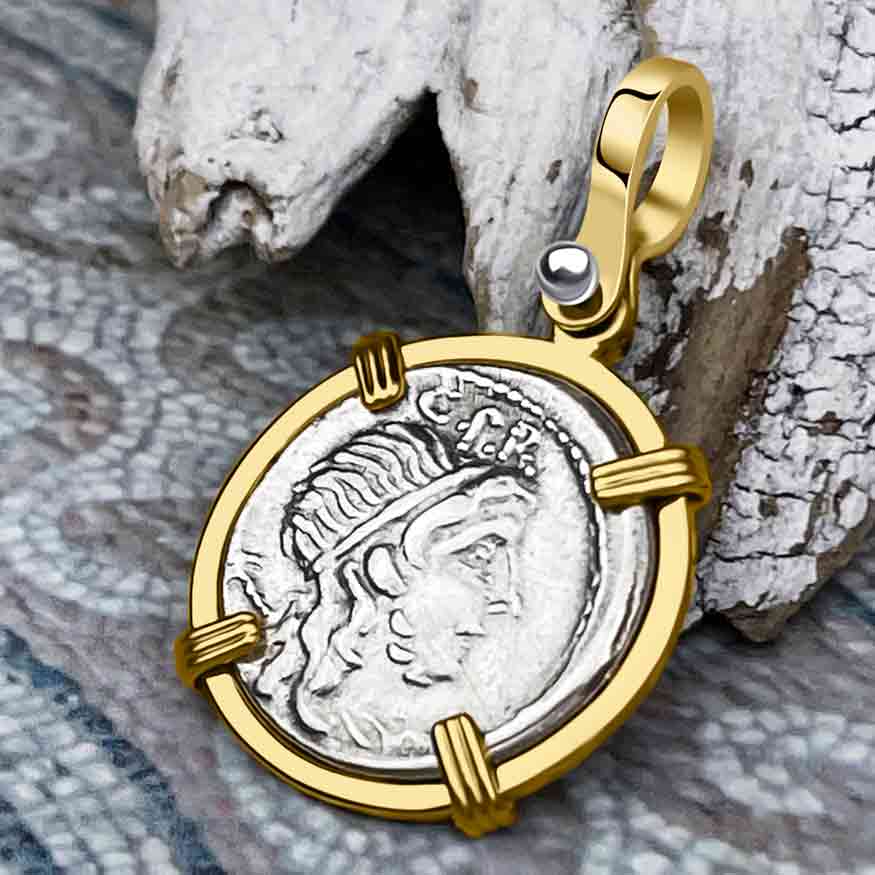 Roman Republic Silver Denarius 75 BC Genius 14K Gold Pendant