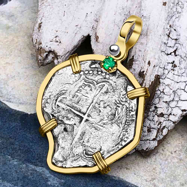 Heart Shaped Mel Fisher's Atocha Rare 2 Reale Shipwreck Coin 14K Gold Pendant with Emerald