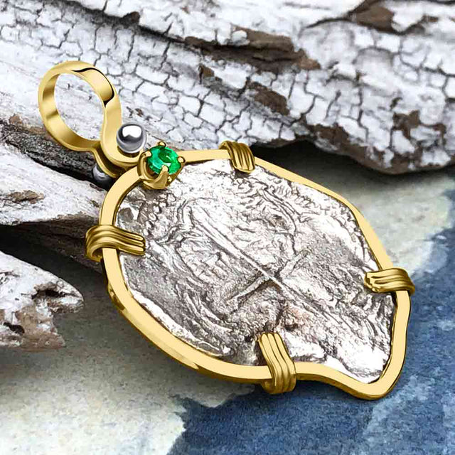 Heart Shaped Mel Fisher's Atocha Rare 2 Reale Shipwreck Coin 14K Gold Pendant with Emerald