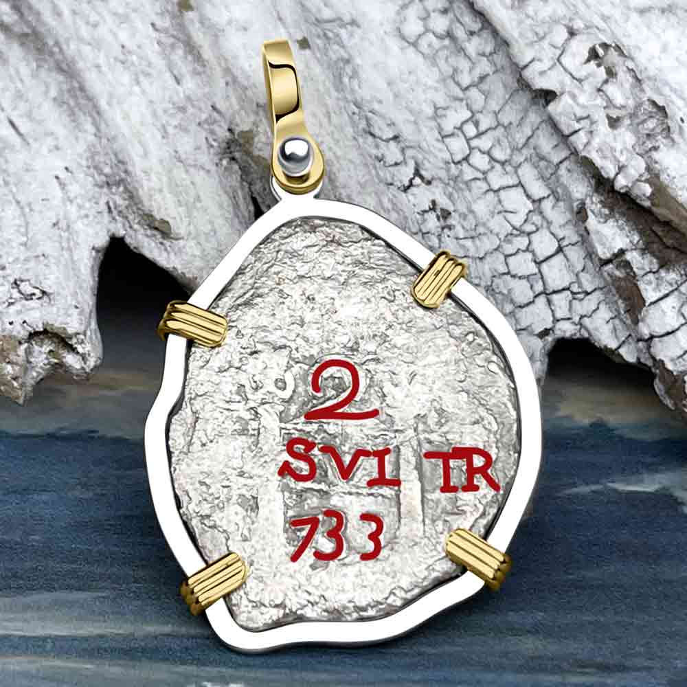 Princess Louisa Shipwreck Dated 1733 Two Reale Piece of Eight 14K Gold and Sterling Silver Pendant