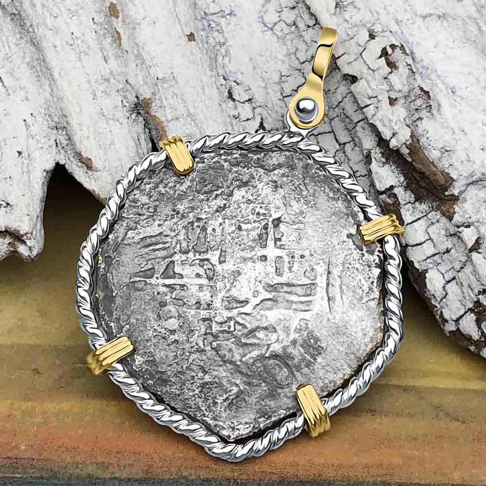 Concepcion Shipwreck 4 Reale Silver Piece of 8 14K Gold and Sterling Silver Pendant | Artifact #6548