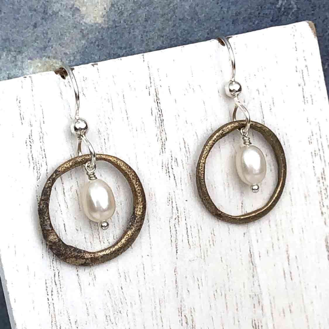 Dark Flecked Bronze Celtic Ring Money Earrings with Genuine Pearls
