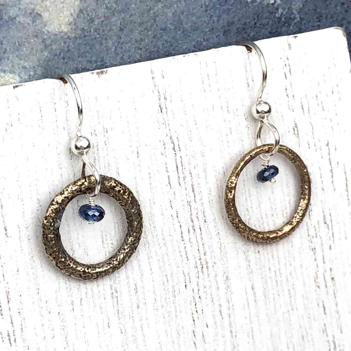 Petite Bright Bronze Celtic Ring Money Earrings with Genuine Sapphire