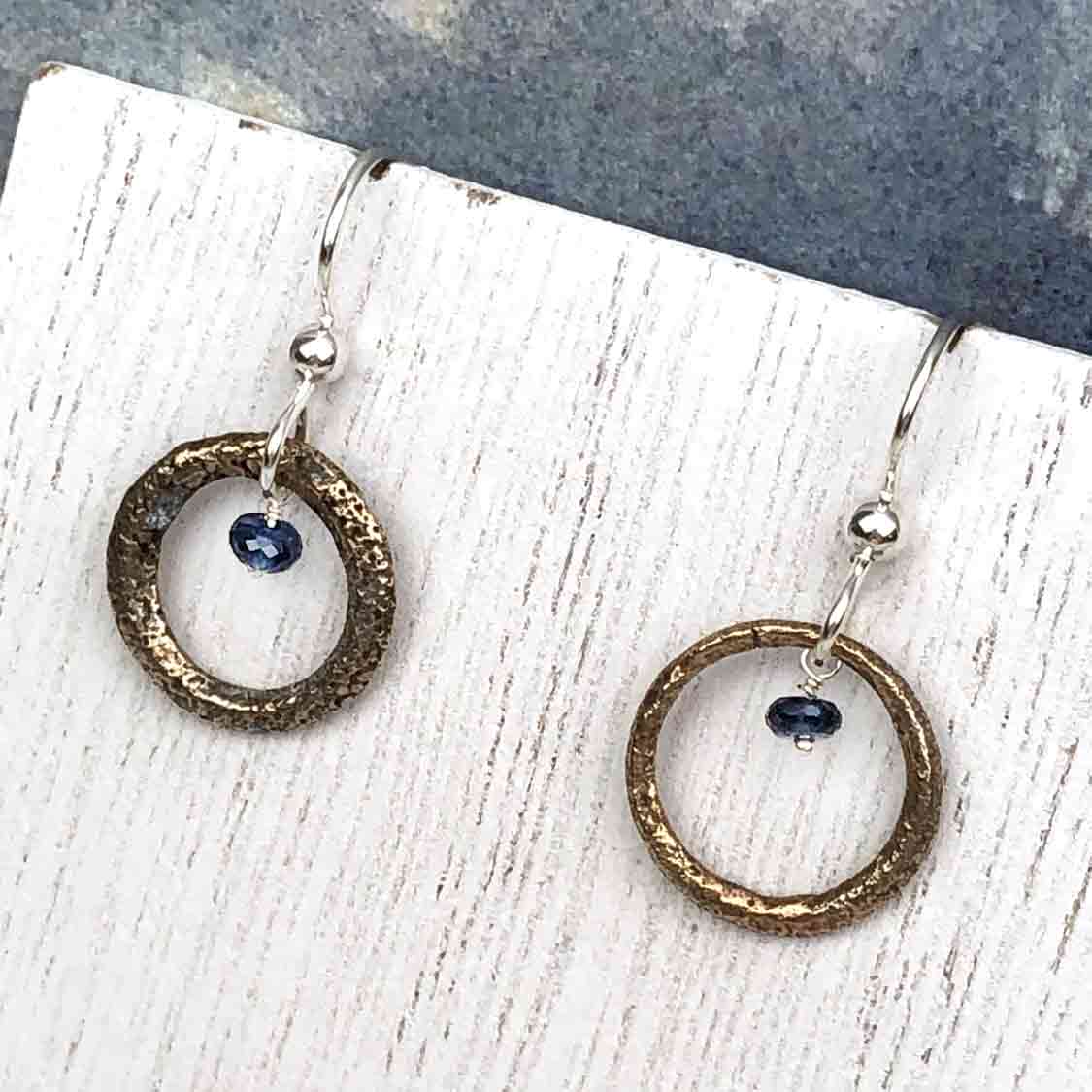 Petite Bright Bronze Celtic Ring Money Earrings with Genuine Sapphire