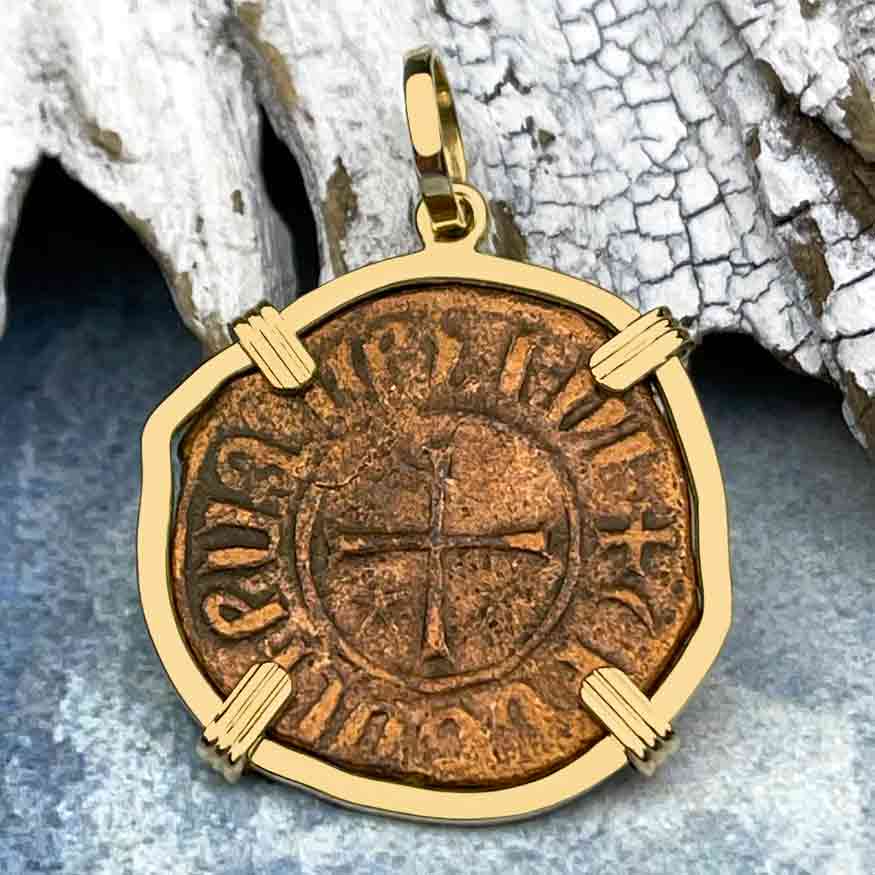 Knights Templar Era Cilician Armenia Crusader Coin of Faith, Courage &amp; Honor circa 1250 AD 14K Gold Pendant