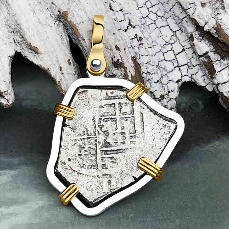 Sao Jose Rare 2 Reale circa 1598-1621 Shipwreck Coin 14K Gold and Sterling Silver Pendant
