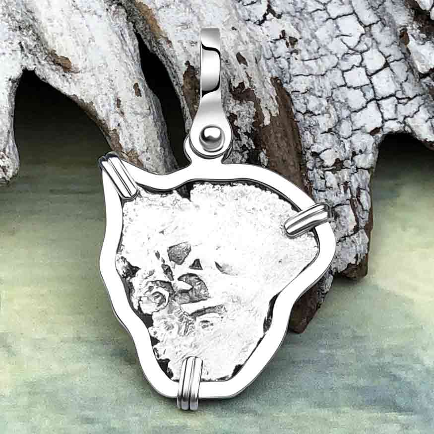 Heart Shaped Dated 1708 Rimac River &quot;Good Luck&quot; Spanish 1/2 Reale &quot;Piece of Eight&quot; Sterling Silver Pendant | Artifact #6673