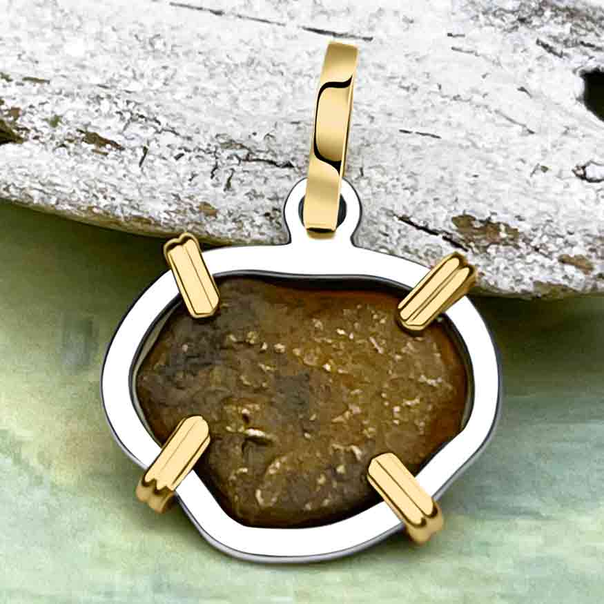 Heart Shaped Biblical Widow&#39;s Mite 14K Gold and Sterling Silver Pendant