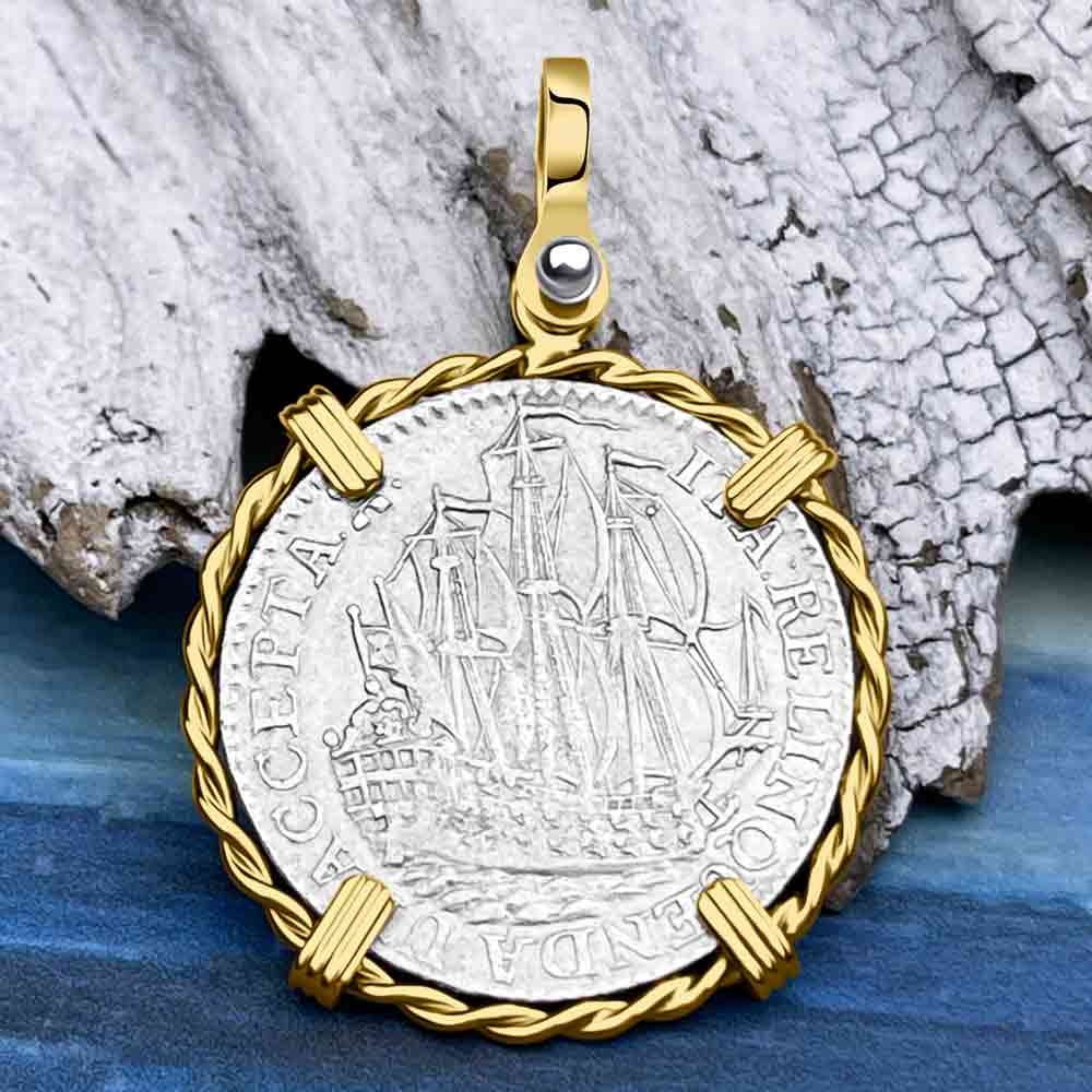 Dutch East India Company 1765 Silver 6 Stuiver Ship Shilling "I Struggle and Survive" 14K Gold Pendant