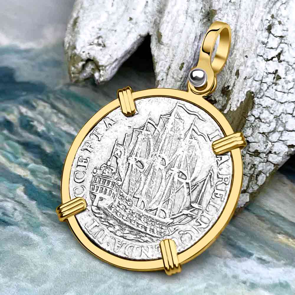 Dutch East India Company 1765 Silver 6 Stuiver Ship Shilling "I Struggle and Survive" 14K Gold Pendant
