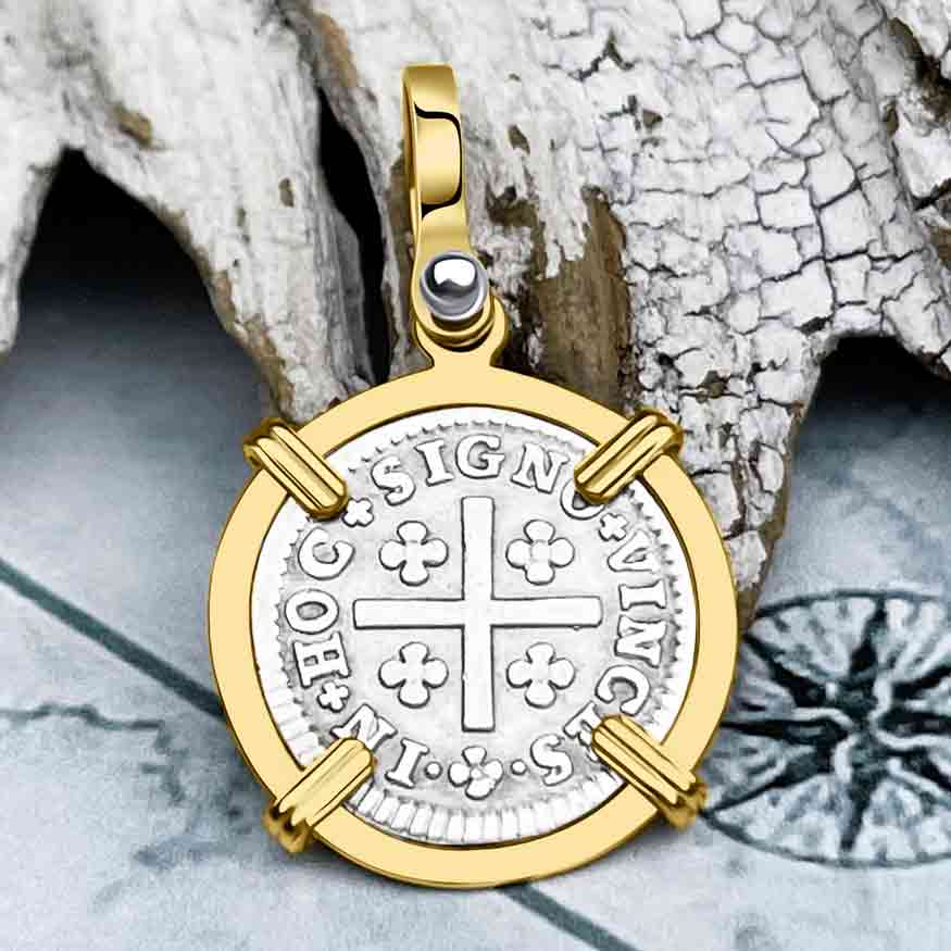 Portuguese 50 Reis &quot;In This Sign Conquer&quot; Crusaders&#39; Cross 14K Gold Pendant