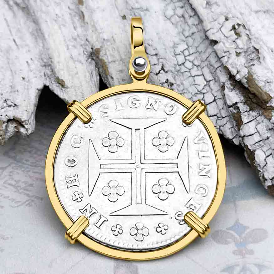 Portuguese 200 Reis &quot;In This Sign Conquer&quot; Crusaders&#39; Cross 14K Gold Pendant 