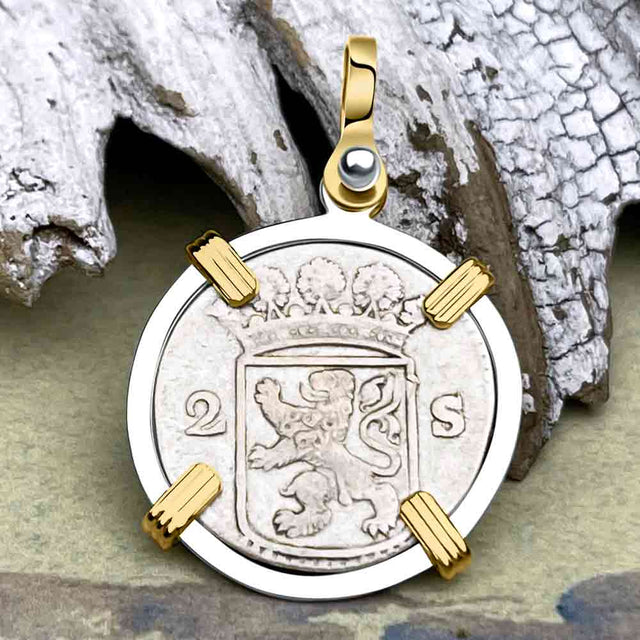 VOC - Dutch East India Company 1731 Silver 2 Stuiver Lion Coin 14K Gold and Sterling Silver Pendant