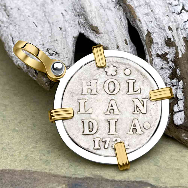 VOC - Dutch East India Company 1731 Silver 2 Stuiver Lion Coin 14K Gold and Sterling Silver Pendant
