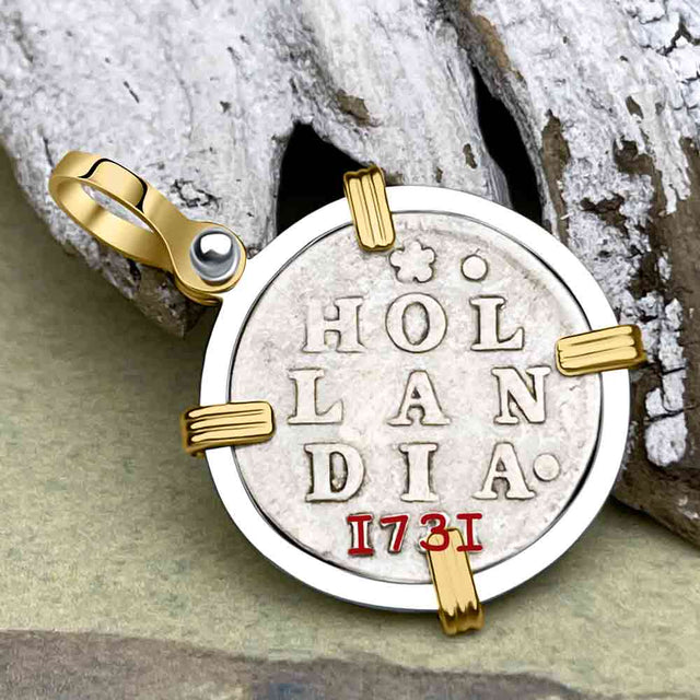 VOC - Dutch East India Company 1731 Silver 2 Stuiver Lion Coin 14K Gold and Sterling Silver Pendant