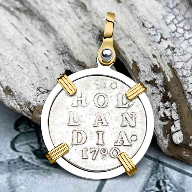 VOC - Dutch East India Company 1780 Silver 2 Stuiver Lion Coin 14K Gold and Sterling Silver Pendant