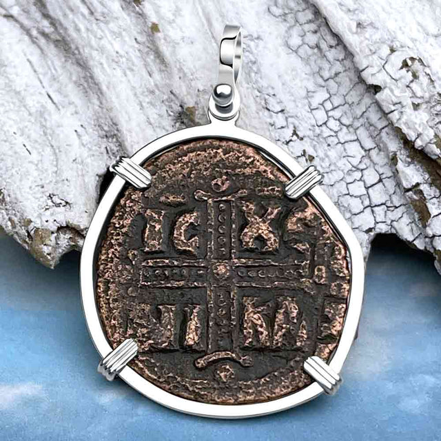 Byzantine Bronze Follis Coin - May Jesus Christ Conquer in a Sterling Silver Pendant