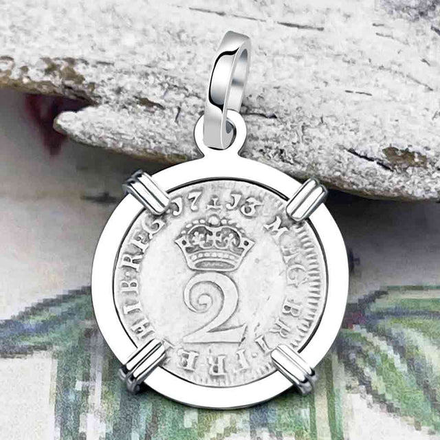 British Royal Maundy Silver 1713 Queen Anne Twopence 14K White Gold Pendant | Artifact #6877