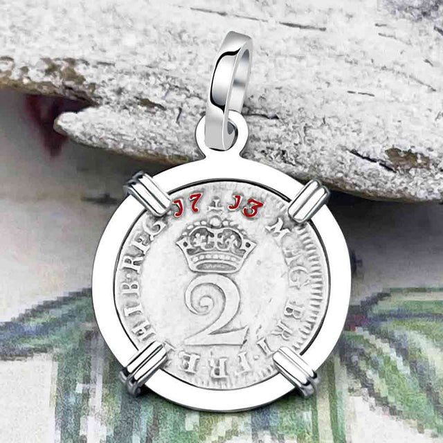 British Royal Maundy Silver 1713 Queen Anne Twopence 14K White Gold Pendant | Artifact #6877