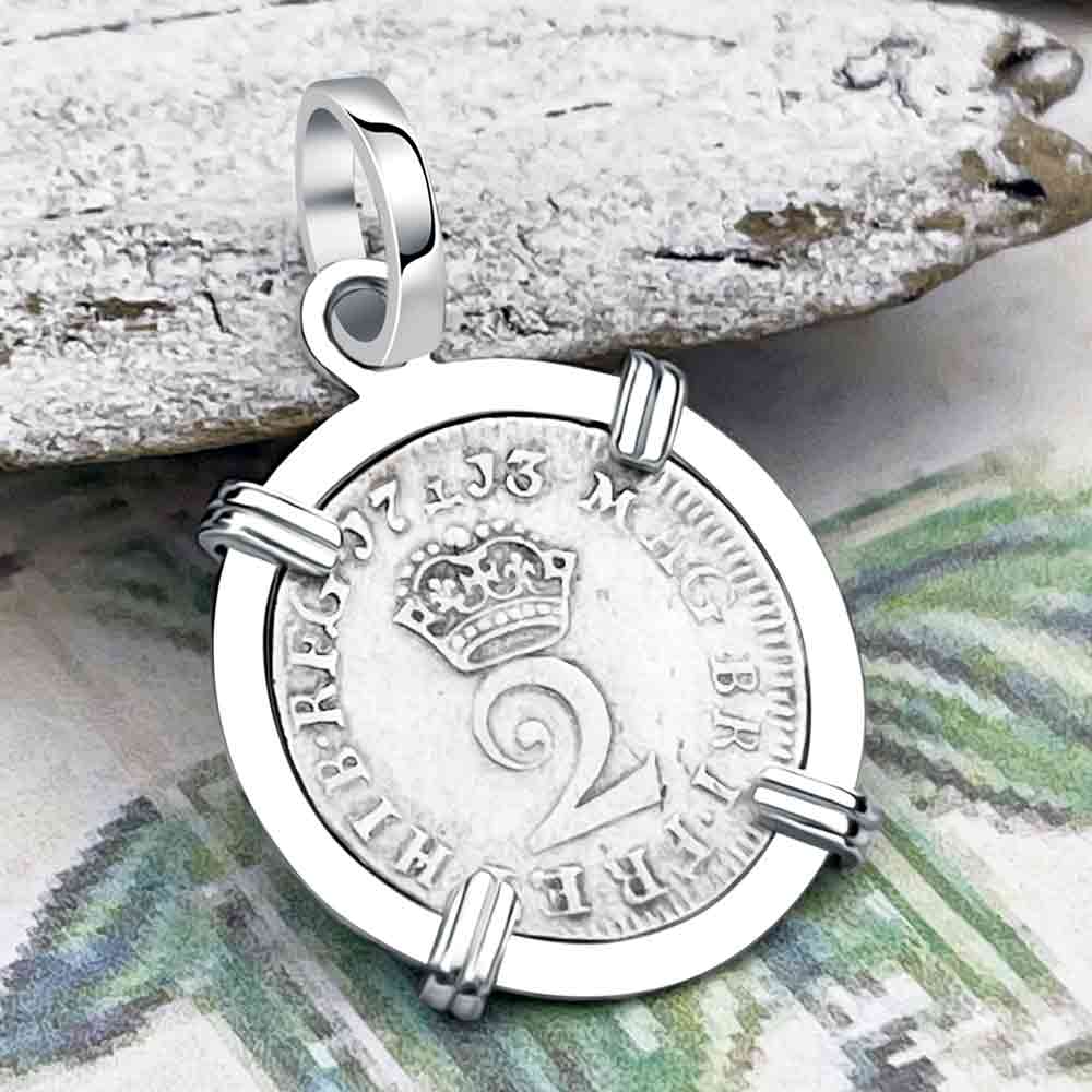 British Royal Maundy Silver 1713 Queen Anne Twopence 14K White Gold Pendant | Artifact #6877