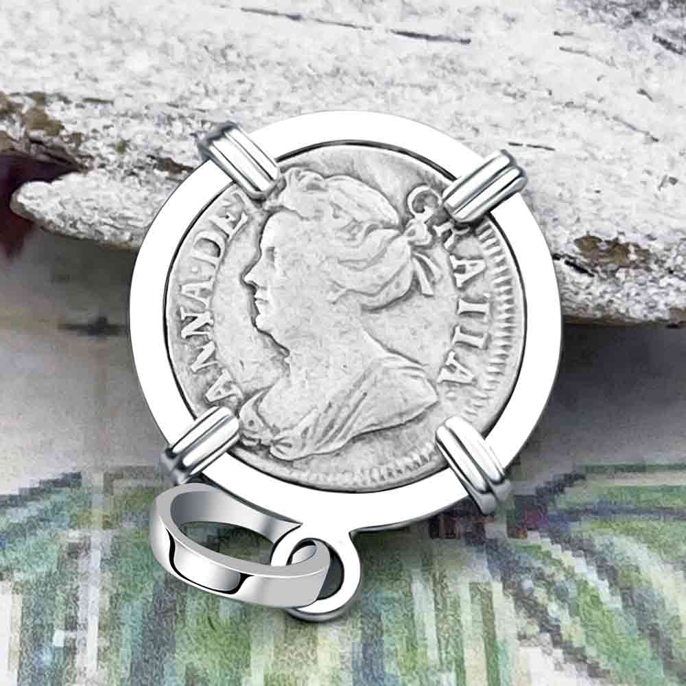 British Royal Maundy Silver 1713 Queen Anne Twopence 14K White Gold Pendant | Artifact #6877