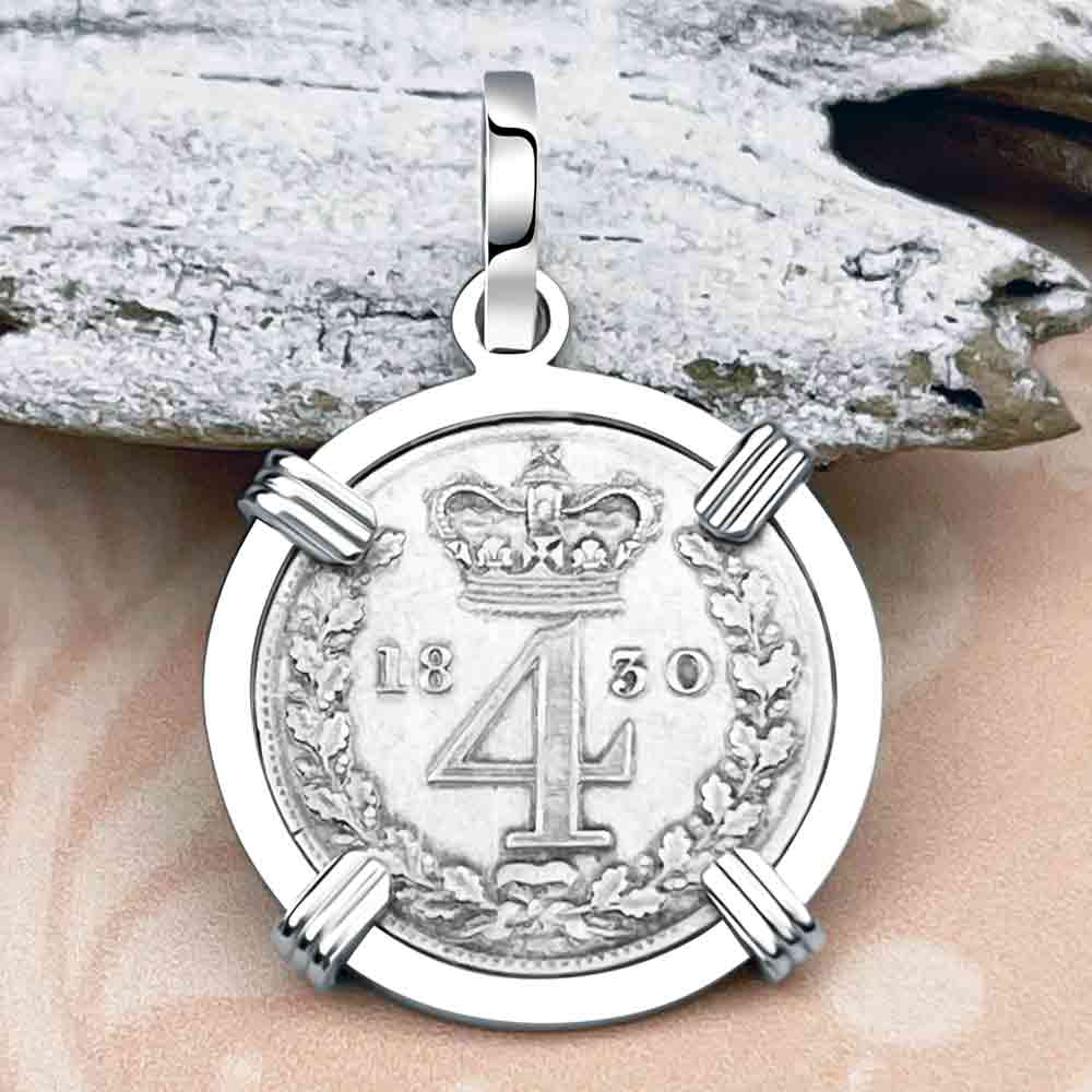 British Royal Maundy Silver 1830 King George IIII Fourpence 14K White Gold Pendant