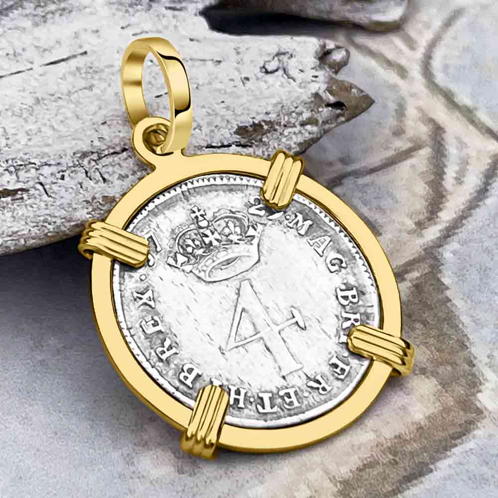 British Royal Maundy Silver 1729 King George II Fourpence 14K Gold Pendant