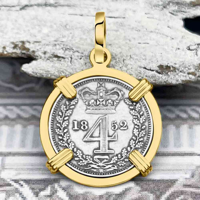 British Royal Maundy Silver 1852 Queen Victoria Fourpence 14K Gold Pendant