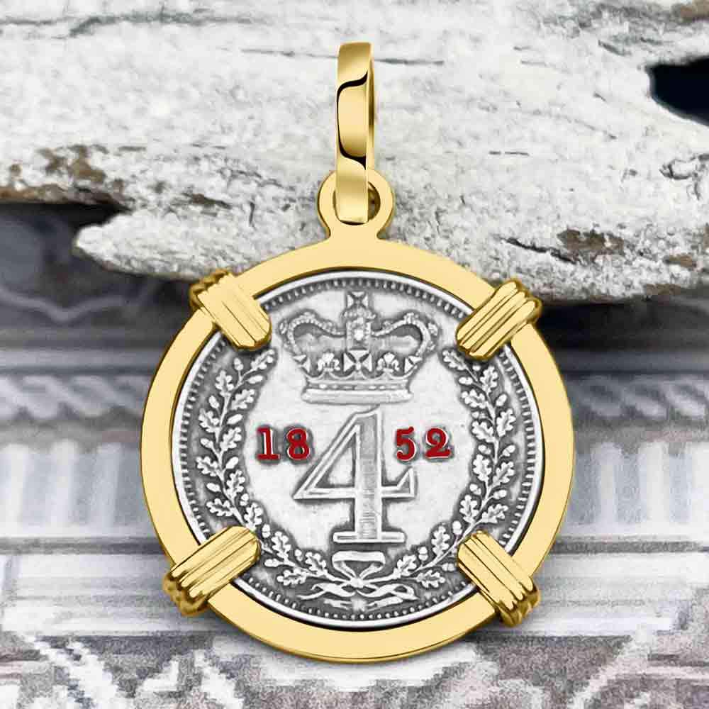 British Royal Maundy Silver 1852 Queen Victoria Fourpence 14K Gold Pendant