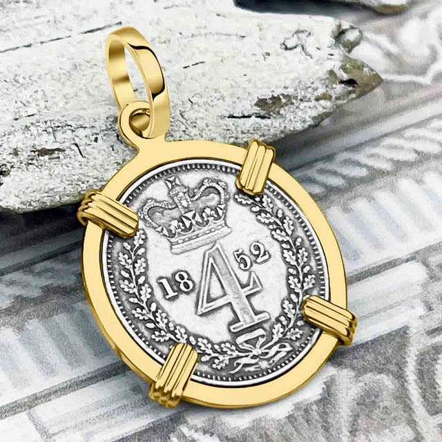 British Royal Maundy Silver 1852 Queen Victoria Fourpence 14K Gold Pendant